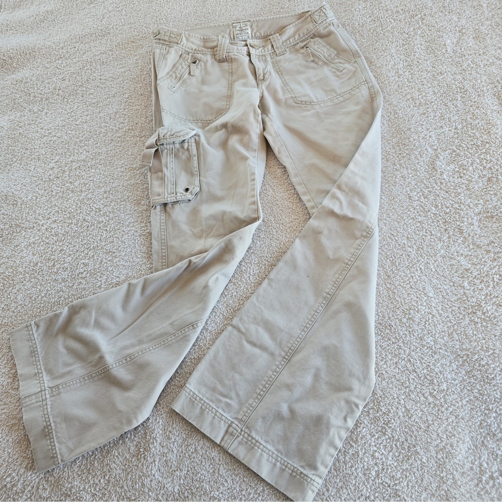 Vtg Y2K Aeropostale Canvas Cargo Utility Pants Juniors Sz 5/6 Tan Flared Leg